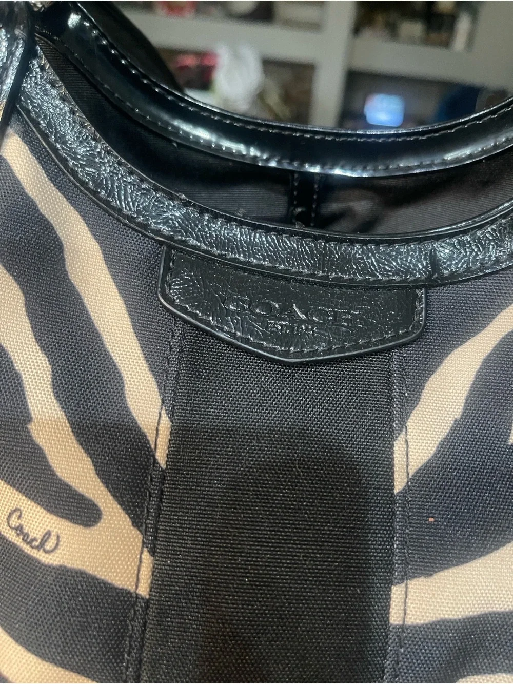 Coach Black and Cream Zebra-Print Devin Patent Leather Shoulder Tote